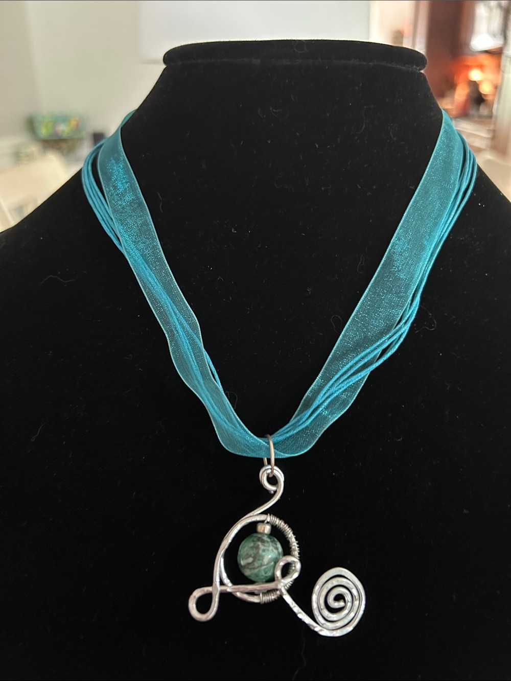 Teal Ribbon Necklace with hand-Wrapped Silver Wire Swirl Pendant